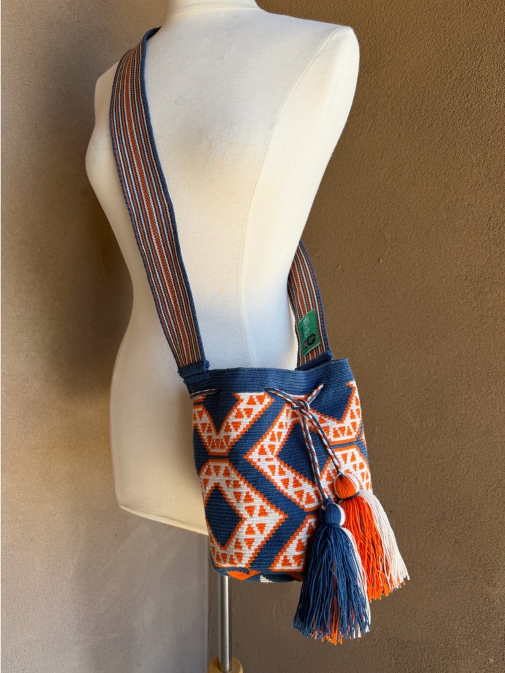 Wayuu Mochila Small Crossbody Bag 7” Handmade Colombia Navy Orange Geometric